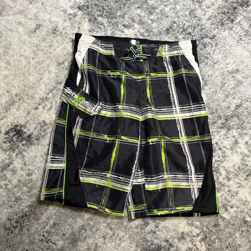 ZeroXposur Mens Board Shorts Black Green‎ Plaid Barbed Wire Swim Trunks M 10/12